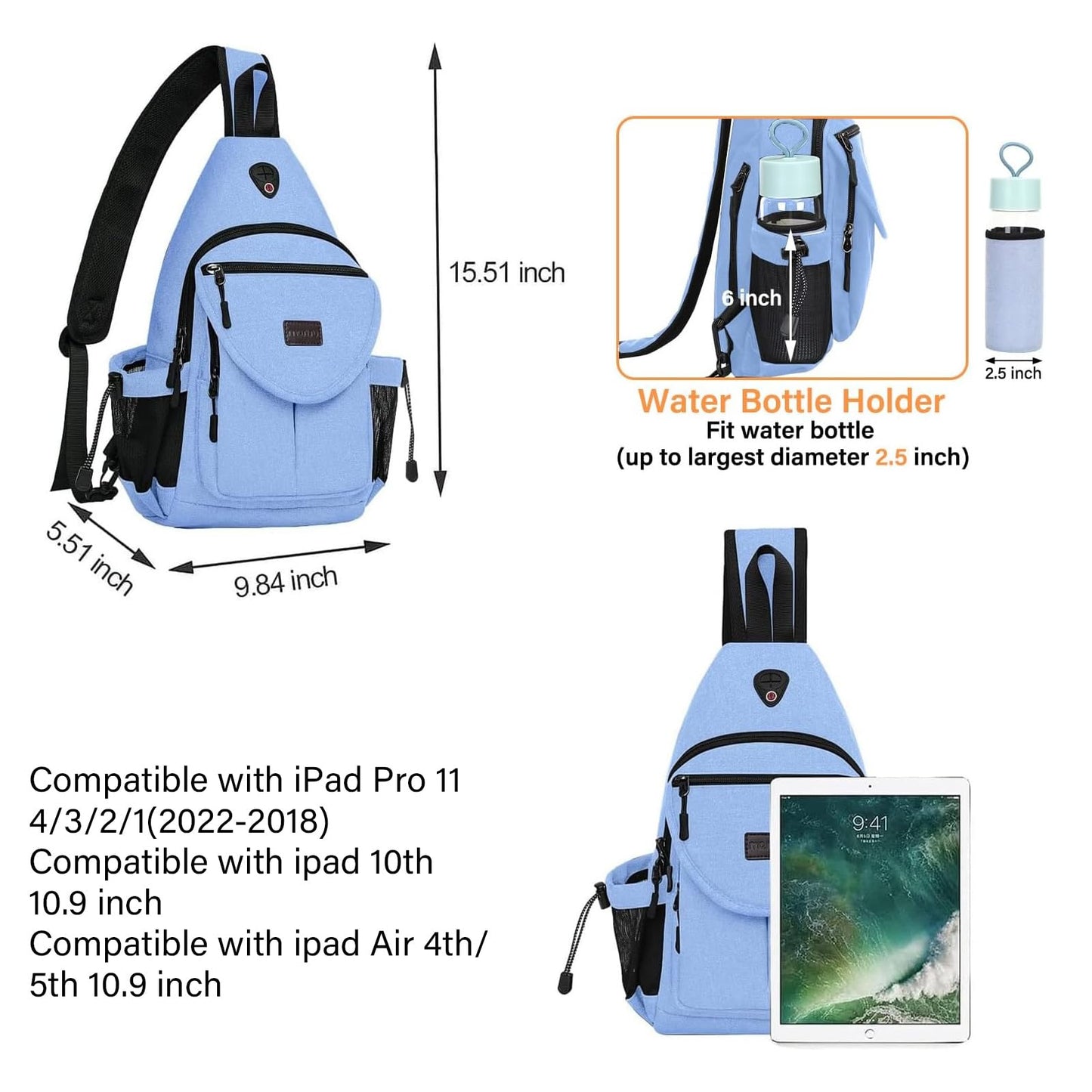 MOSISO Sling Backpack,Canvas Crossbody Hiking Daypack Bag with Anti-theft Pocket, Air Blue