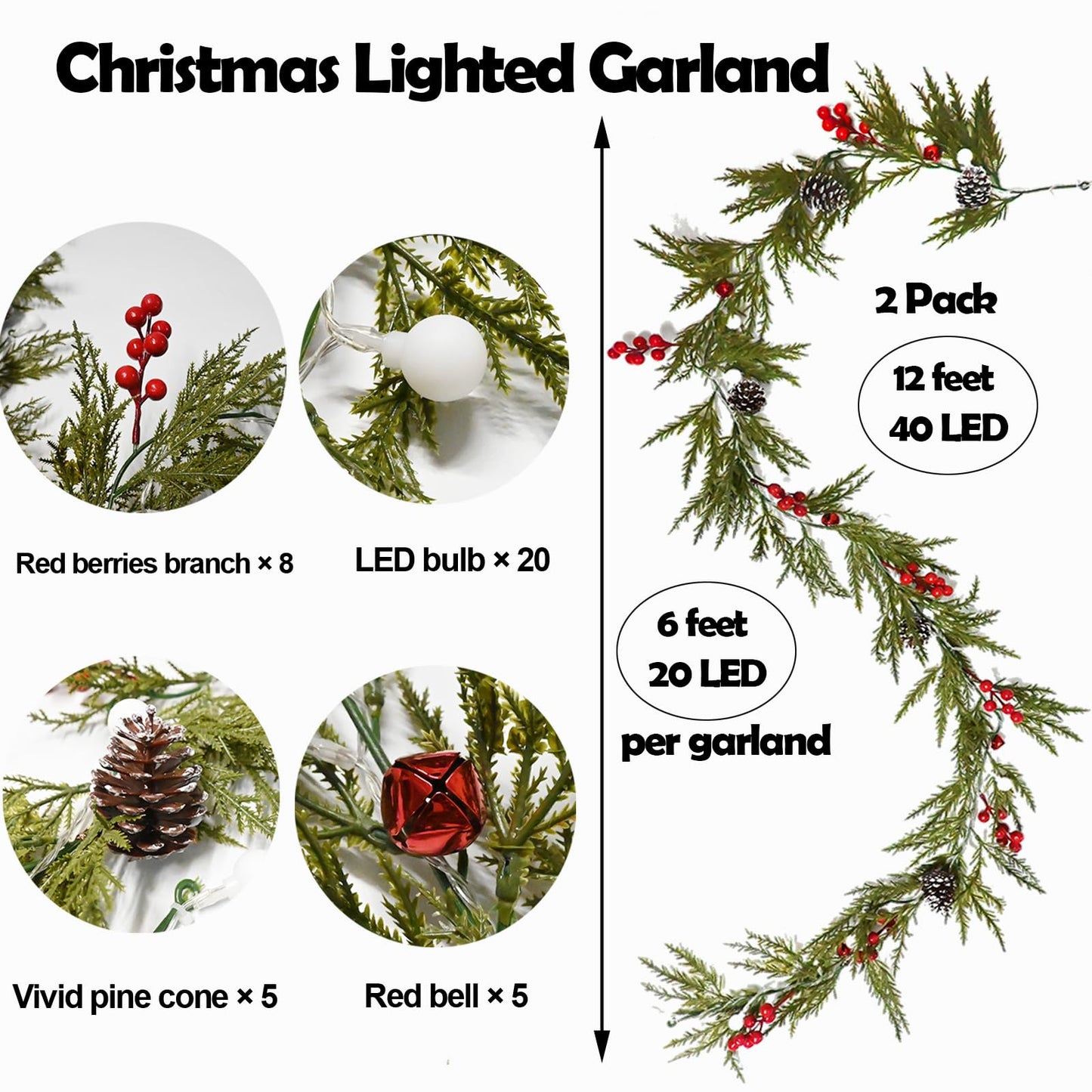 Christmas Garland 12FT 40 LED Bulbs Cypress Pine Garland with Lights Battery Operated with Bells Red Berries Pinecones Green Garlands Decoration for Xmas Holiday Thanksgiving New Year Home Decor