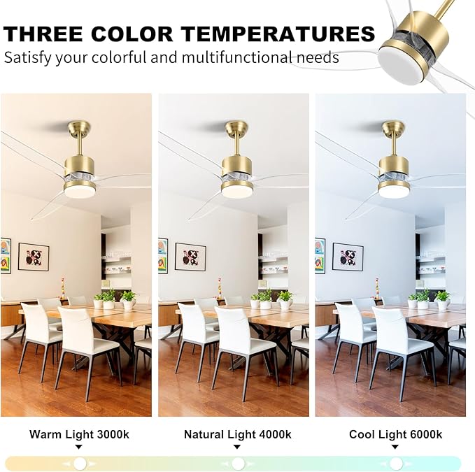 OKELI Clear Ceiling Fan with Light, 52 Inch Gold Transparent Ceiling Fans with Light and Remote 3 Reversible Blade LED Ceiling Fan and Light Combo for Living Room, Bedroom, Patio