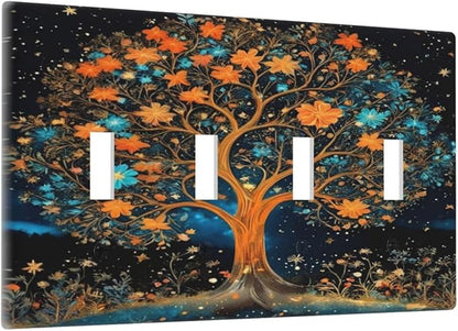 Magical Life Tree in Night Sky Light Switch Covers Quad Toggle 4 Gang Wall Plate Decorative Switchplate Electrical Faceplate for Farmhouse Bathroom Living Decor