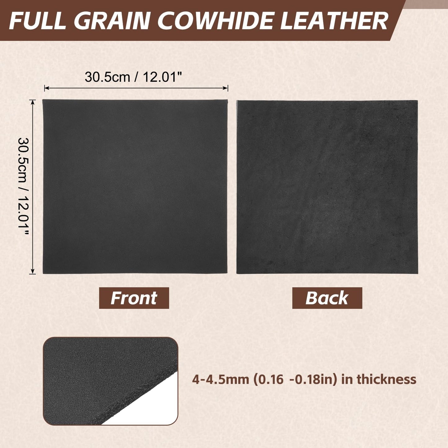 Rebower Genuine Leather Sheets, 12" x 12" Flat Full Grain Cowhide Leather for Crafts, 4-4.5mm Thick Vegetable Tanned Cowhide for DIY Belt Tooling Wallet Stamping Projects, Black