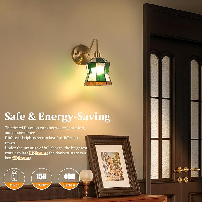 Vintage Battery Operated Wall Sconce Set of 2 with Remote, Rechargeable Wall Lamp 3 Colors Dimmable, Brass Lights Fixture for Bedroom Bathroom Living Room Hallway Polygonal Checker