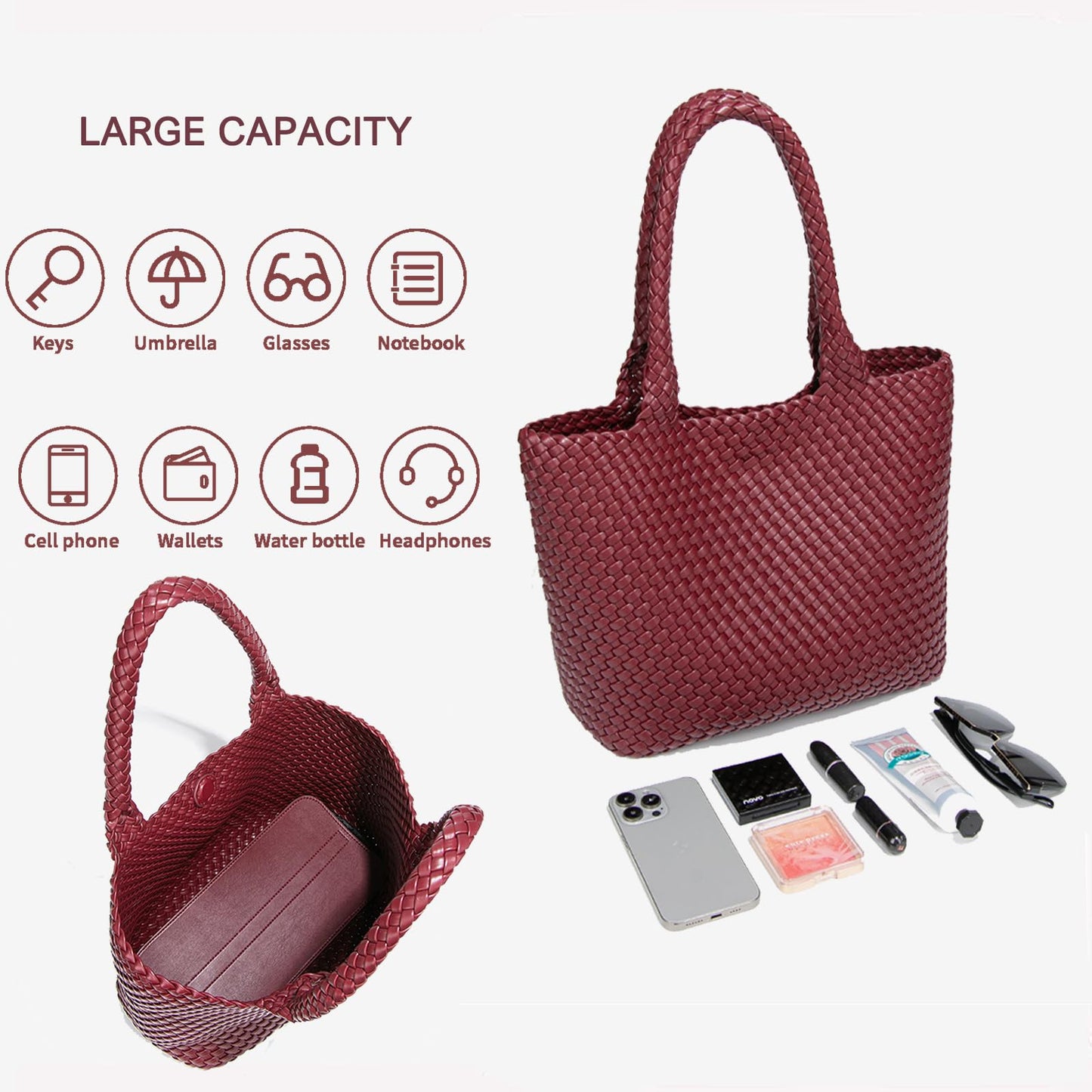 SporGenius Woven Tote Bag for Women, Vegan Leather Handwoven Bags with Small Handmade Purse, Large Travel Braided Top Handle Handbags (Burgundy)