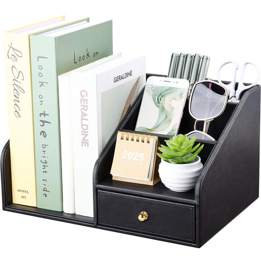 GORESE PU Leather Desk Organizer, File Organizer with Drawer and 4 Compartments, Desktop Organization with Magazine file Holder for Office Supplies, Elegant Gift for Men Who Have Everything, Black
