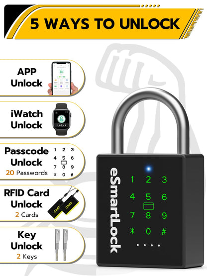 Pothunder Heavy Duty Smart Padlock, Outdoor Padlock with Key Code and RFID, Weatherproof Biometric Digital Lock for Gate, Sheds, Fence, Garage, Locker, Storage Unit