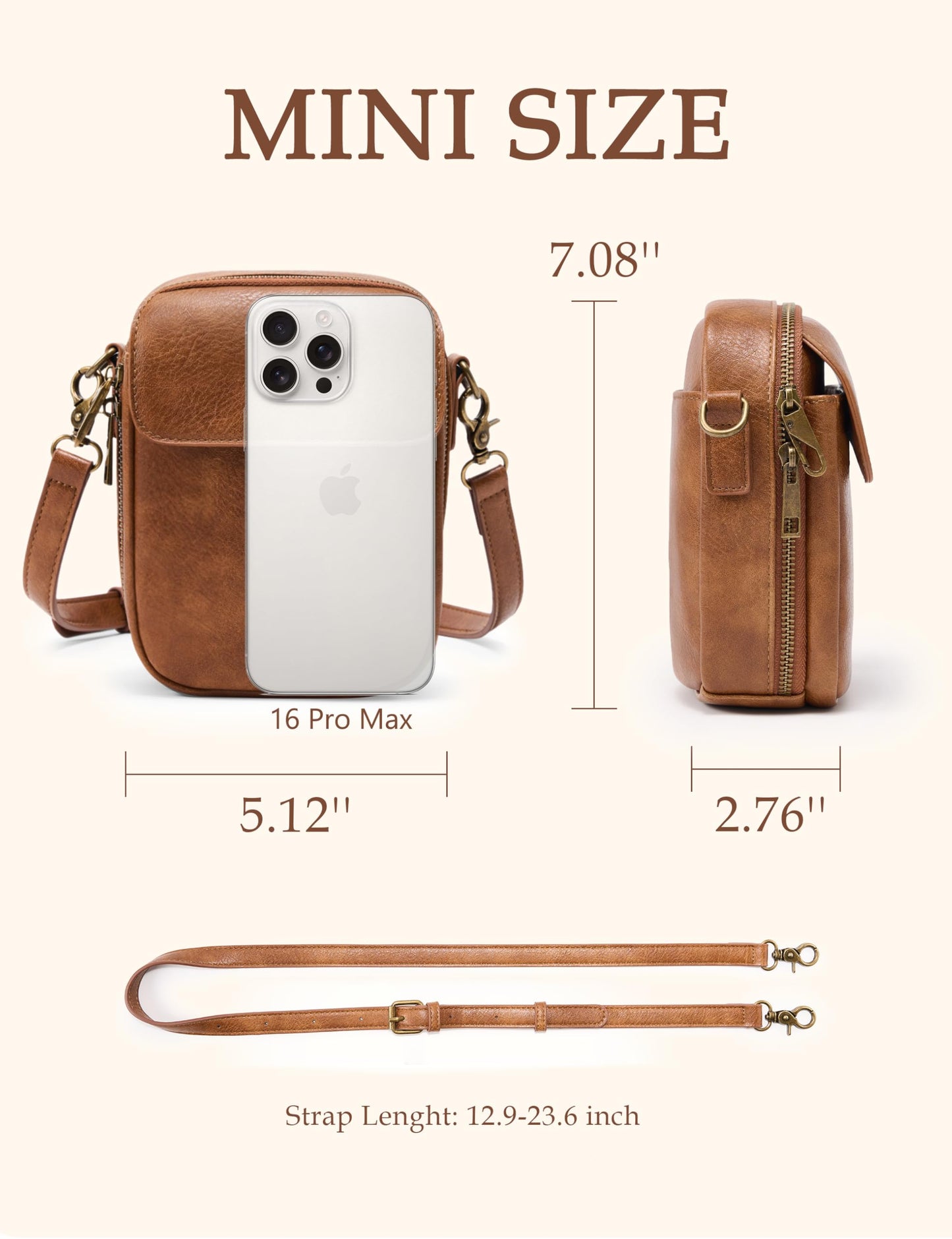 Yarnic Small Crossbody Bag, Vegan Leather Cell Phone Purse for Women, Vintage Wallet Bag with Card Slots (Brown-leather strap)