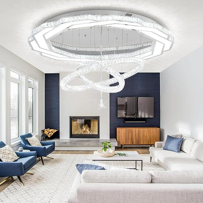 Flashing God Extra Large Chandelier Dia 55" Chrome Chandeliers Flush Mount Chandelier for Living Room Bedroom Dining Room Hallway Dimmable 3 Rings Chandeliers