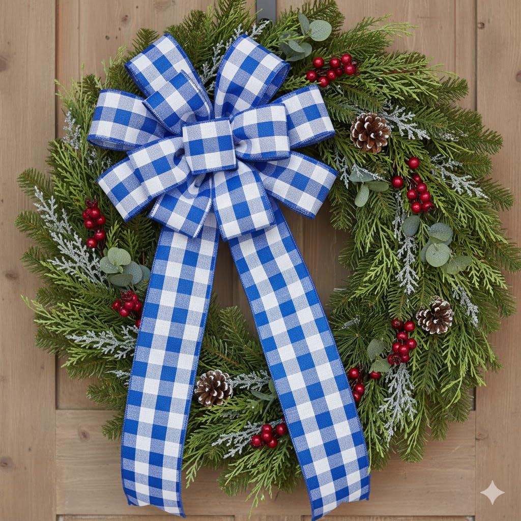 Royal Blue Plaid Wired Ribbon - 2 1/2" x 10 Yards, 4th of July, America 250, Father's Day, Presents, Wreath, Police Support, Birthday, Wedding, Farmhouse, Veterans Day, Labor Day, School Graduation