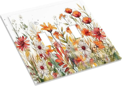 Watercolor Wild Flower Floral 2 Gang Light Switch Plate Cover Double Toggle Wall Plate Decorative Switchplate Electrical Faceplate for Nursery Bedroom Bathroom Decor