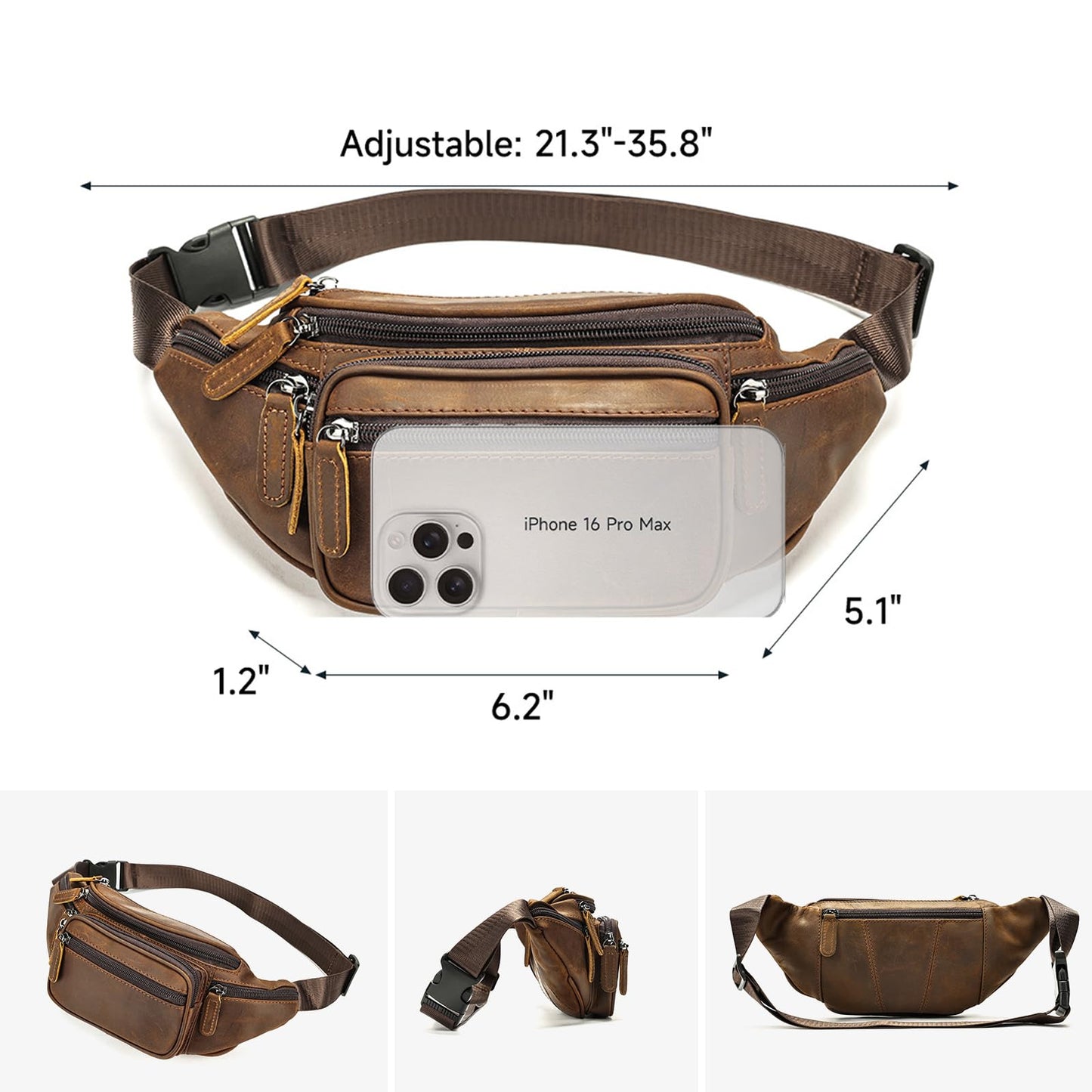 Crazy Horse Leather Mens Fanny Pack for Women Belt Bag Purse Running Waist Pack for Phone Bum Hip Bags Shoulder Crossbody Bags