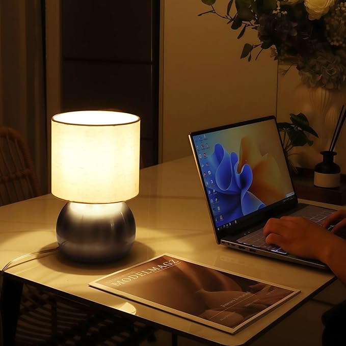 Modern Small Table Lamp Set of 2, Minimalist Nightstand Bedside Lamps with One-Button Inline Switch, 10.4 Inch Desk Light for Bedroom, Living Room,Including Light Bulb（Silvery）