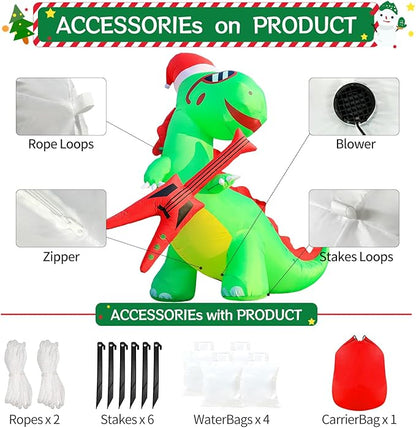 DomKom 8FT Christmas Inflatable Decorations Dinosaur with Guitar, Giant Outdoor LED Lights Holiday Blow up Rex Yard Decoration for Holiday Party Outdoor Garden Yard Lawn Winter Décor