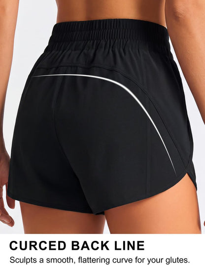 BMJL Women's Running Shorts Elastic High Waisted with Pockets, 2.5" Sporty Workout Quick Dry Athletic Shorts(L,Black)