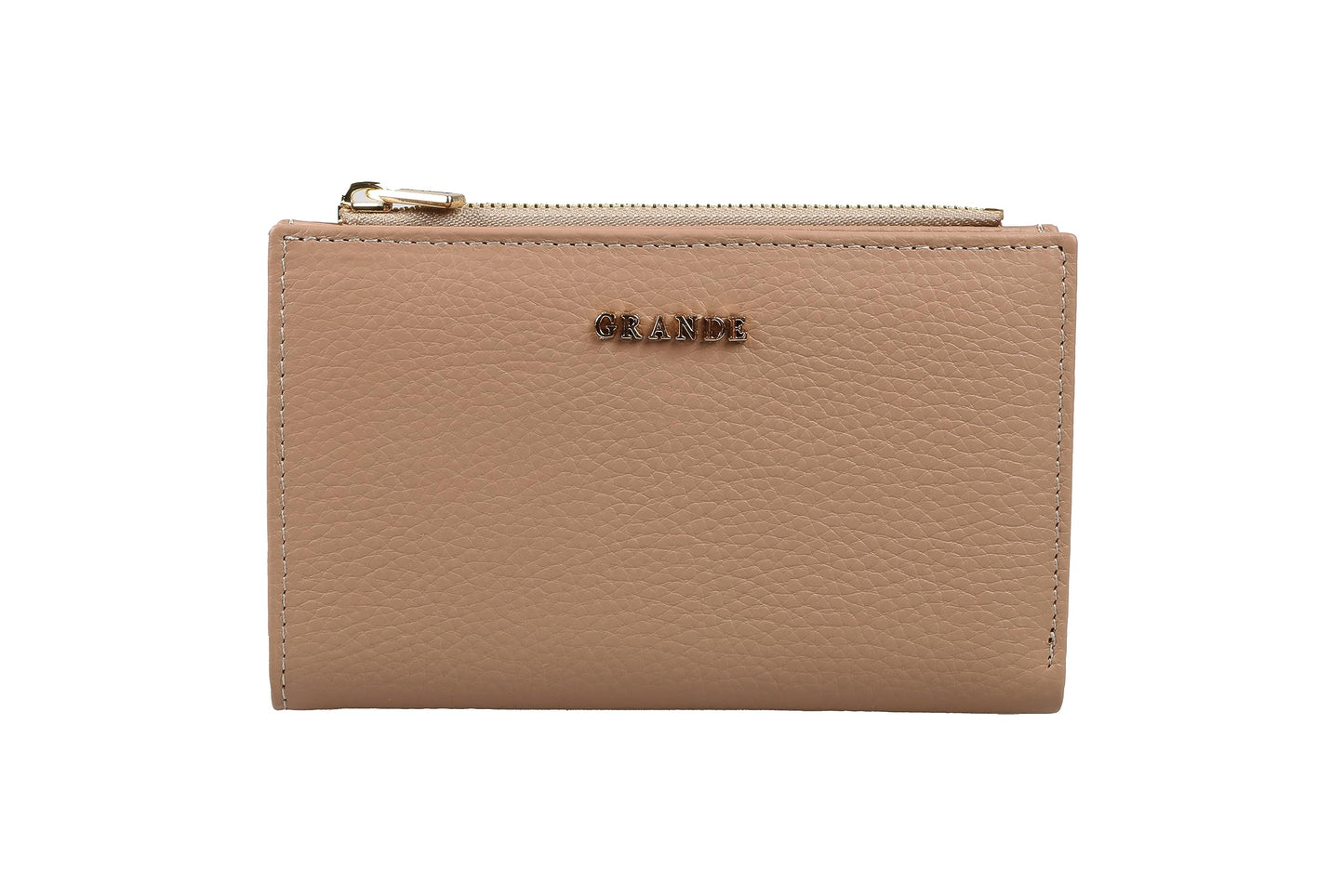 grande 2804 Genuine Leather Medium Bifold Wallet For Women Minimalist Wallet Ladies Zippered Mini Purse Small Card Holder (Cookie)