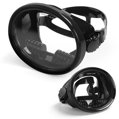 Mikinya Diving Mask Scuba Snorkeling & Spearfishing Gear for Adults, Freediving Mask with Anti-Fog Tempered Glass, HD Wide View Lens, Comfortable Water Goggles (Black + Black)