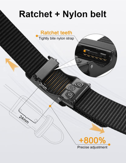JUKMO Men's 1.5" Nylon Ratchet Belt, Casual Web Click Tactical Belt with Slide Buckle for Jeans, No Holes Adjustable Trim to Fit(Black,Medium)