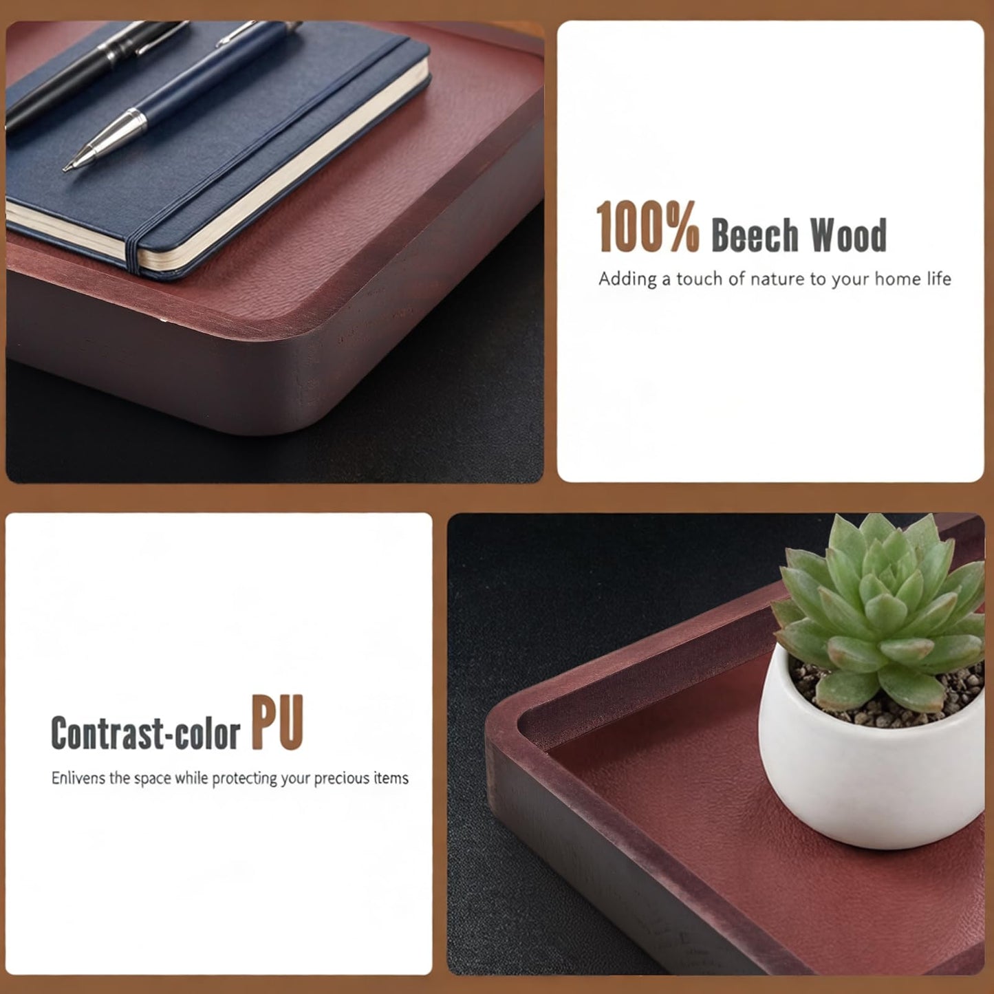 Wooden Valet Tray,Brown Wooden Catch All Tray with Leather Inlay Organizer ，Nightstand, Entryway Bedside Dump Holder, for Keys, Watches, Phones, Wallets Jewelry and More(H=1.2IN)