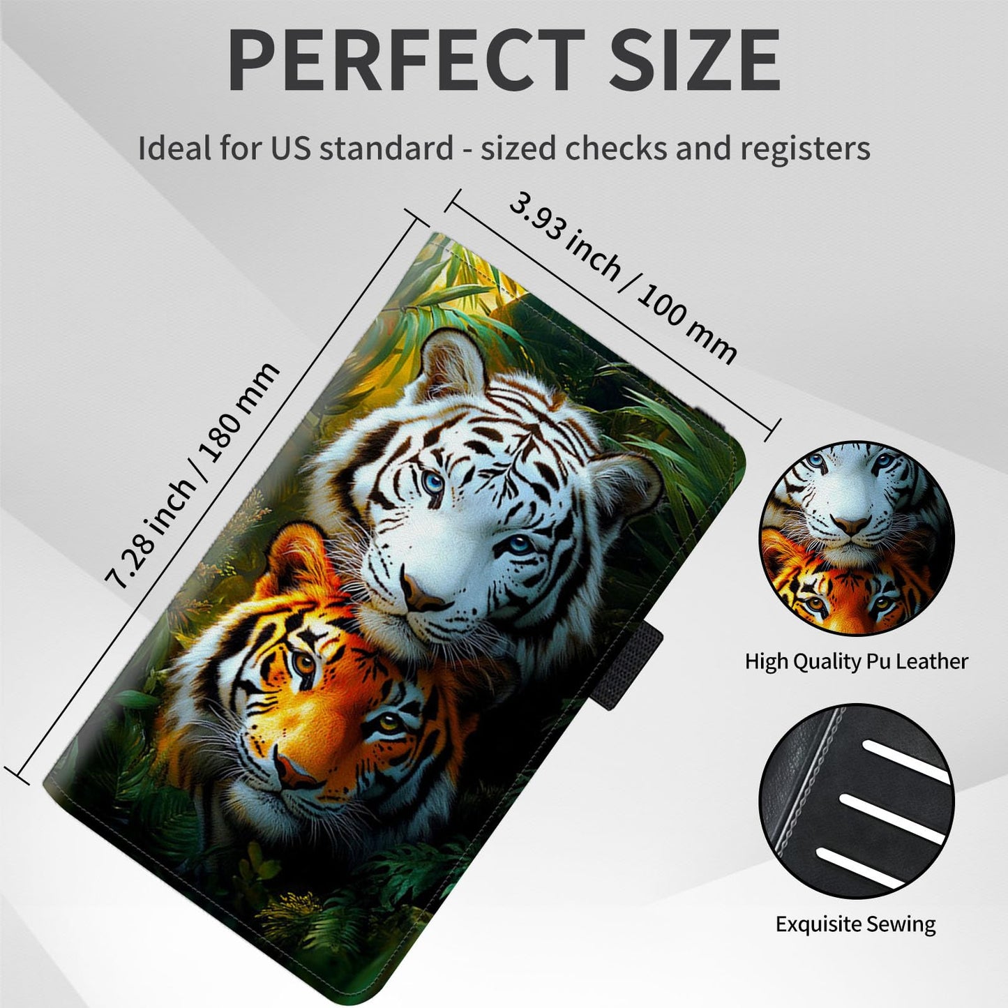 DISUOFEART Checkbook Cover for Men & Women, RFID Blocking Checkbook Holder Wallet for Personal Checks, Two Tigers in Jungle Durable Leather Check Book Cover with Elastic Strap