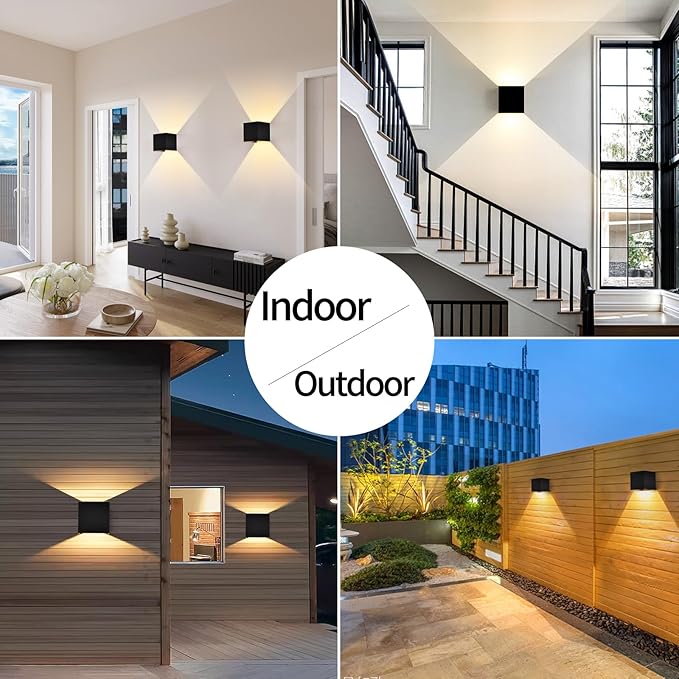 12W 2Pack Outdoor Wall Lights Exterior/Interior,LED Black Outdoor Wall Sconces Light Fixtures Modern,IP65 Waterproof Square Aluminum Wall Lamps, Up and Down Lights 6500K Cold Lights