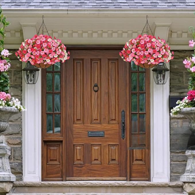 Florielle Artificial Hanging Faux Flowers Basket, Fake Silk Petunias Plants Arrangement,for Spring Summer Outdoor Decoration,UV Resistant, Morning Glorias,for Home Garden Decor (Dark Pink&White)