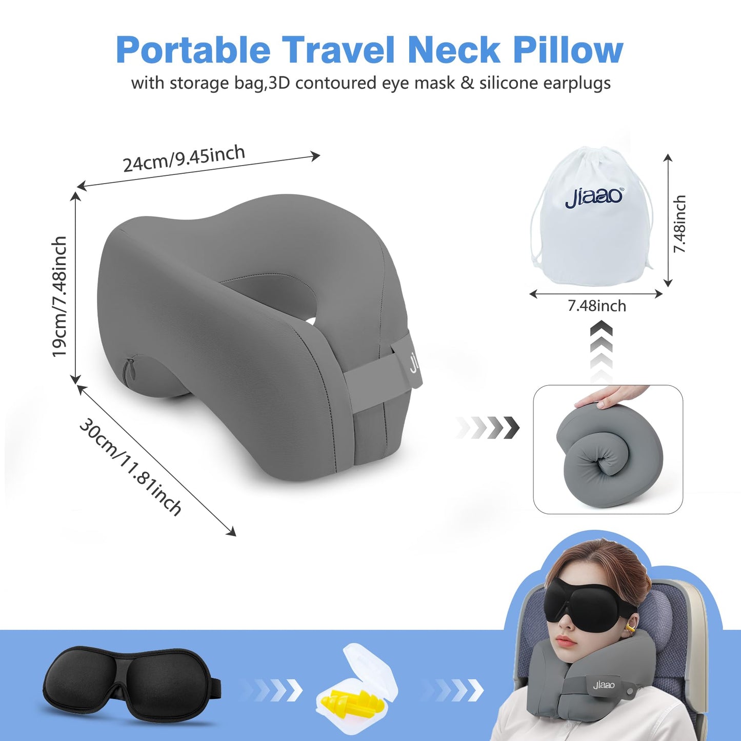 jiaao Neck Pillow Airplane, Memory Foam Travel Neck Pillows for Long Flight, 3D Eye Masks, Ear Plugs and Portable Drawstring Bag, Napping Pillow for Home, Road Trips, Sleep Rest and Travel Use