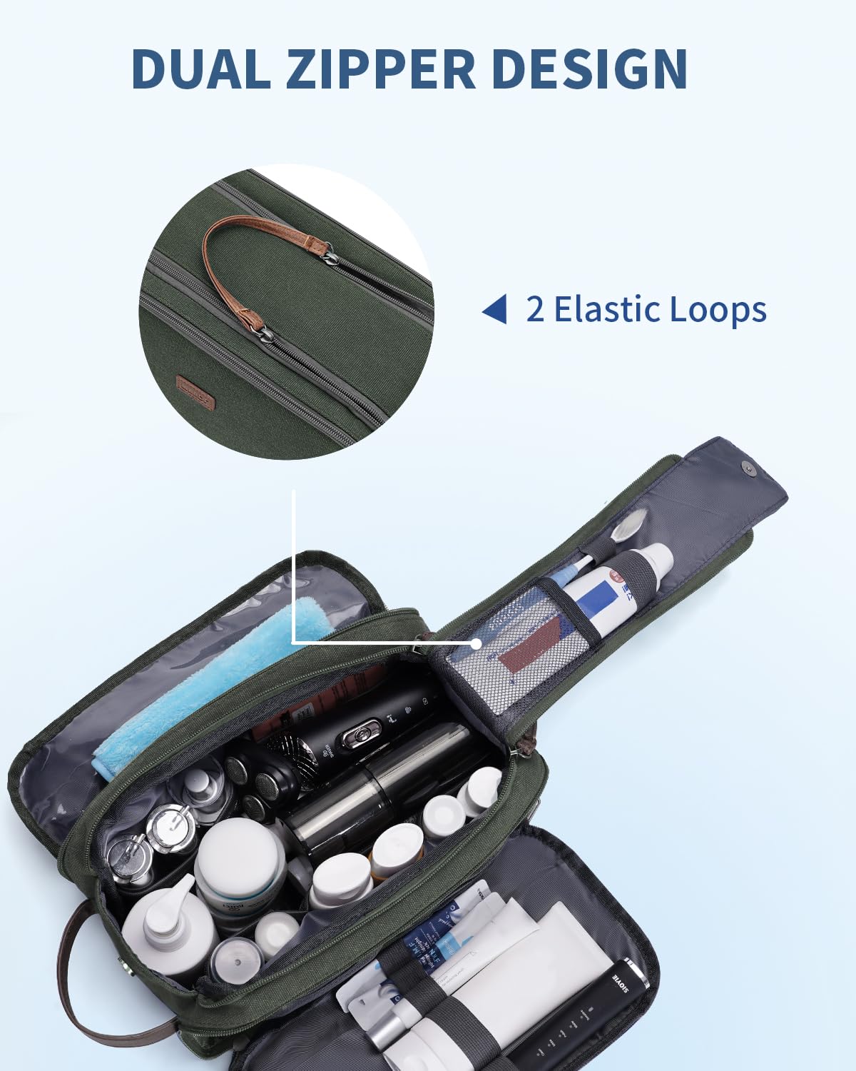 WANDF Toiletry Bag for Men Travel Toiletry Organizer Canvas and Leather Dopp Kit Water-Resistant Shaving Bag for Travel Accessories (Green, Patent Pending)