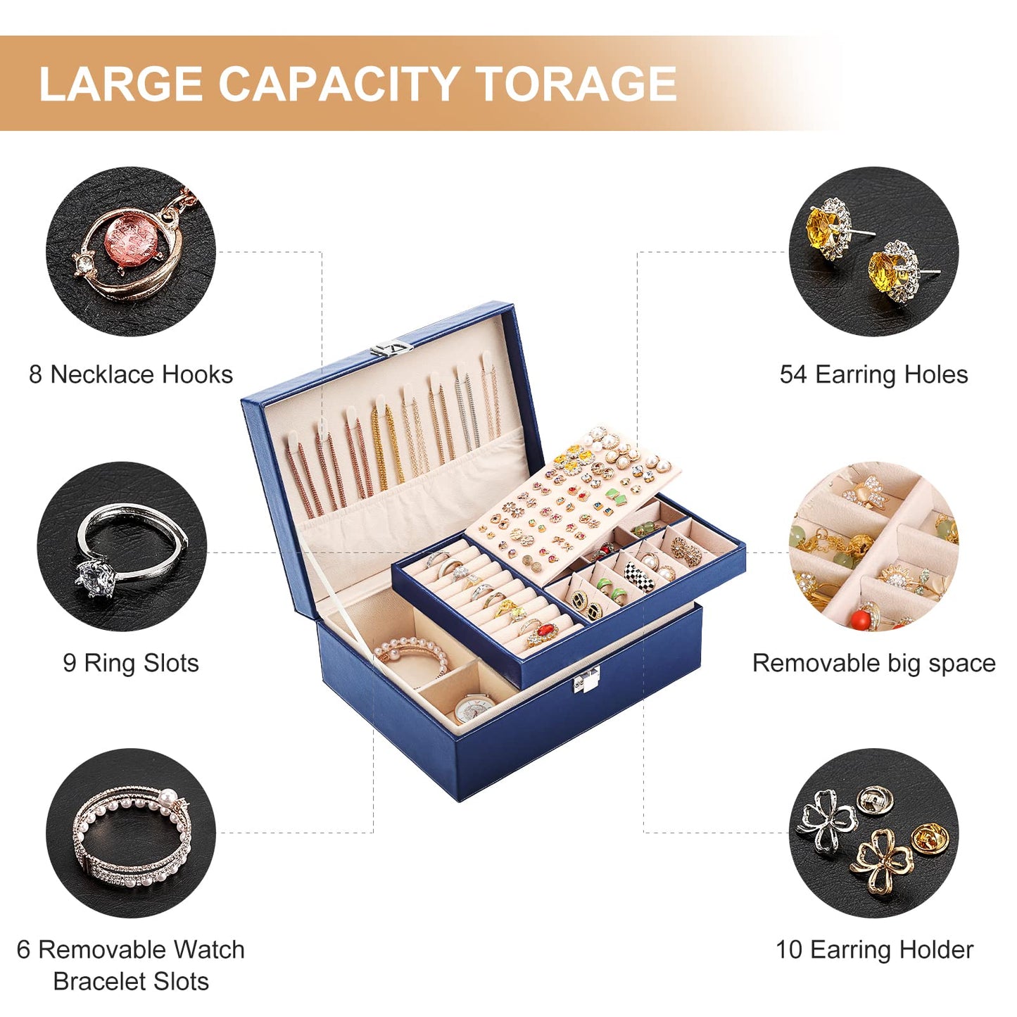 Jewelry Organizer Box PU Leather Jewelry Box for Girls Womens Earring Organizer Boxes 2 Layer Large Jewelry Storage Case Removable Tray for Necklace Earring Ring with Polishing Cloth and Jewelry Bags