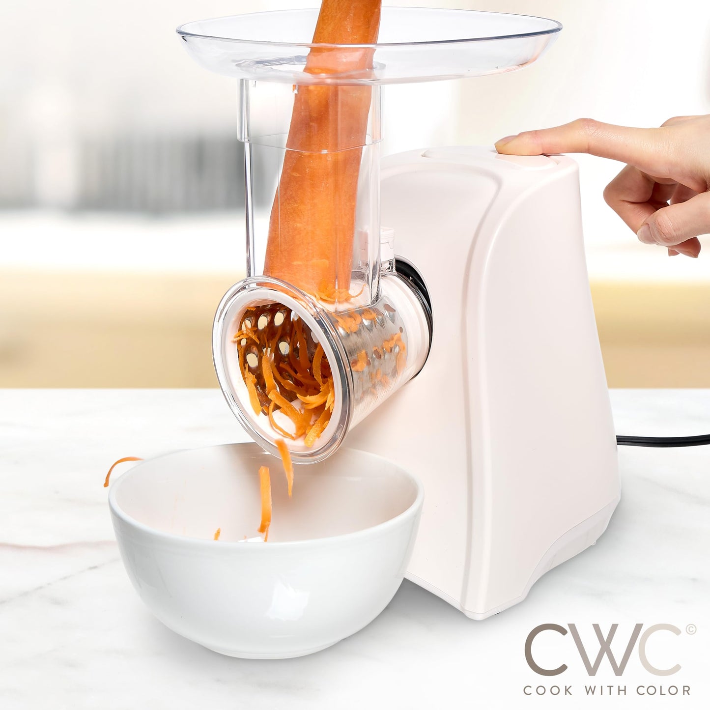 COOK WITH COLOR 5-in-1 Electric Slicer, 150W Food Prep Machine – Cheese Shredder, Fine & Coarse Graters, Potato Grater, Vegetable Slicer, Fruit, Salad Shooter, Compact Design For Bowl Prep, Blush