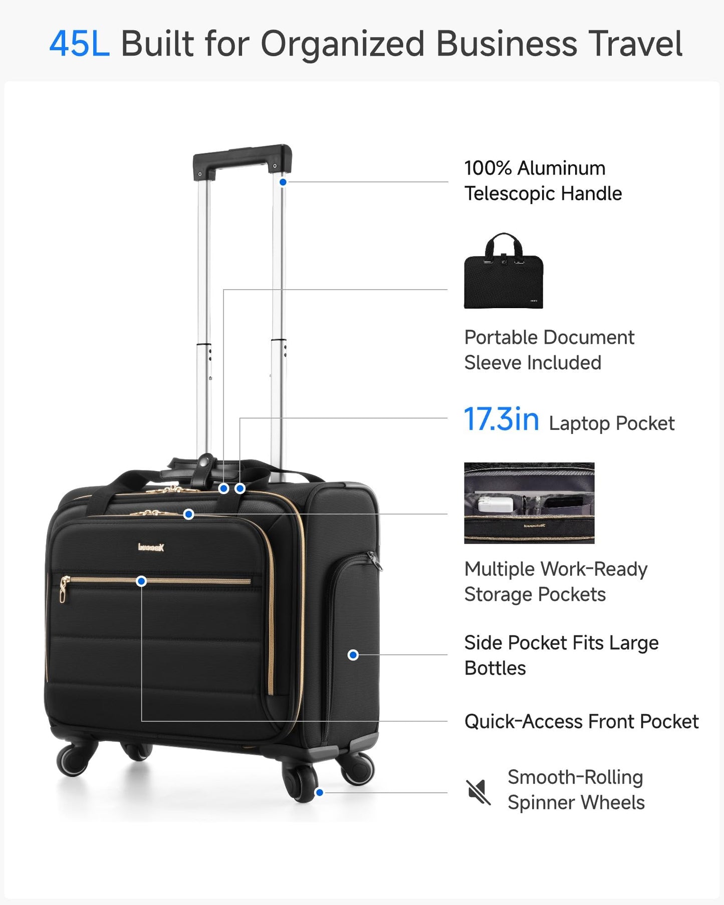 LUGGEX Rolling Laptop Bag with Wheels, 17.3" Soft Sided Laptop Rolling Briefcase with 4 Spinner Wheels - Lightweight Carry On for Business Travel Overnight (UDS-Core, Black, 18 Inch)