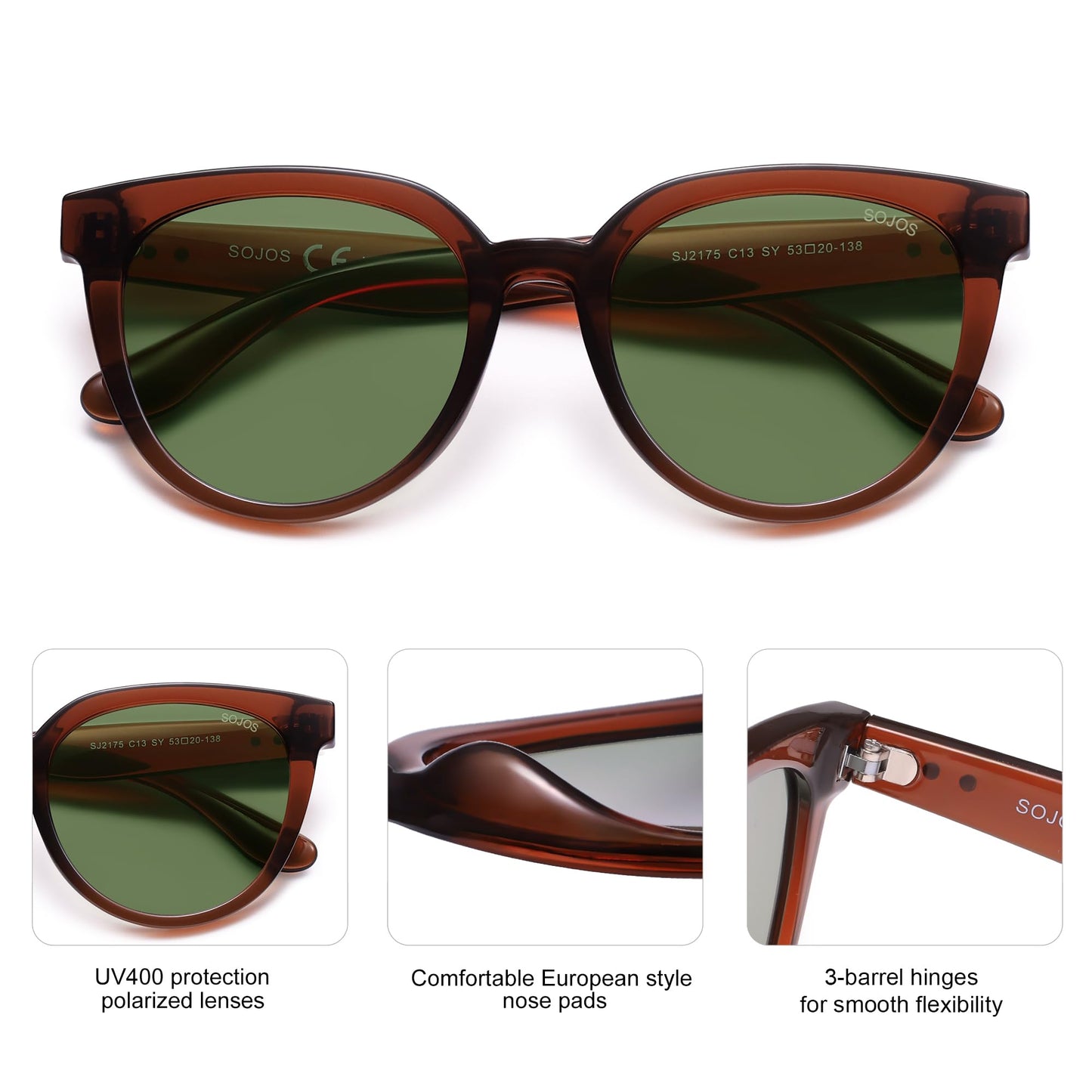 SOJOS Trendy Cat Eye Round Polarized Sunglasses for Women Fashion UV Protection Sunnies Sunglasses SJ2175