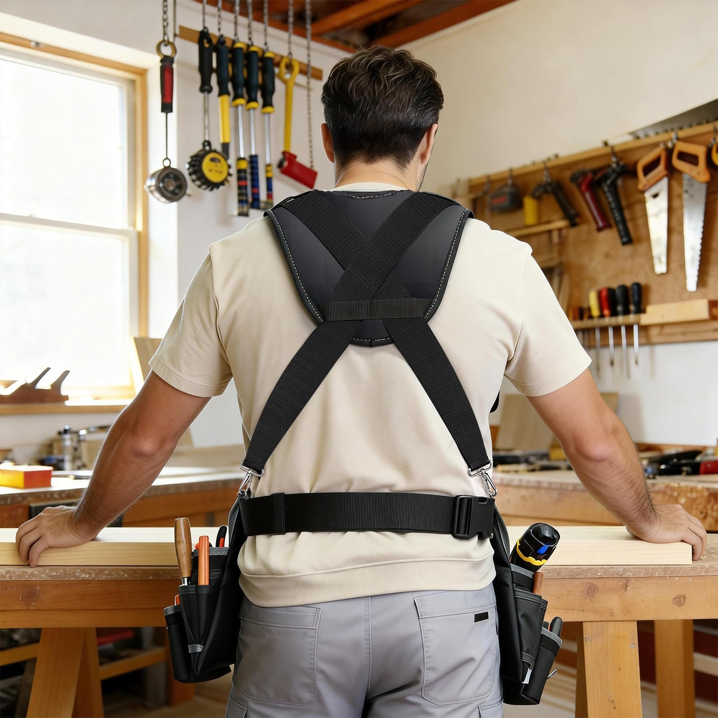 FamilyKit Tool Belt Suspenders for Men - Comfy Padded Work Belt Suspenders, Fully-Adjustable Tool Bag Suspenders with Loops for Construction, Carpenter, Electrician, Roofing, Framer (Black)