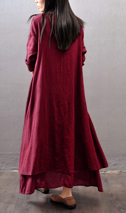 R.Vivimos Women Long Sleeve Cotton Casual Loose Plus Size Irregular Long Dresses