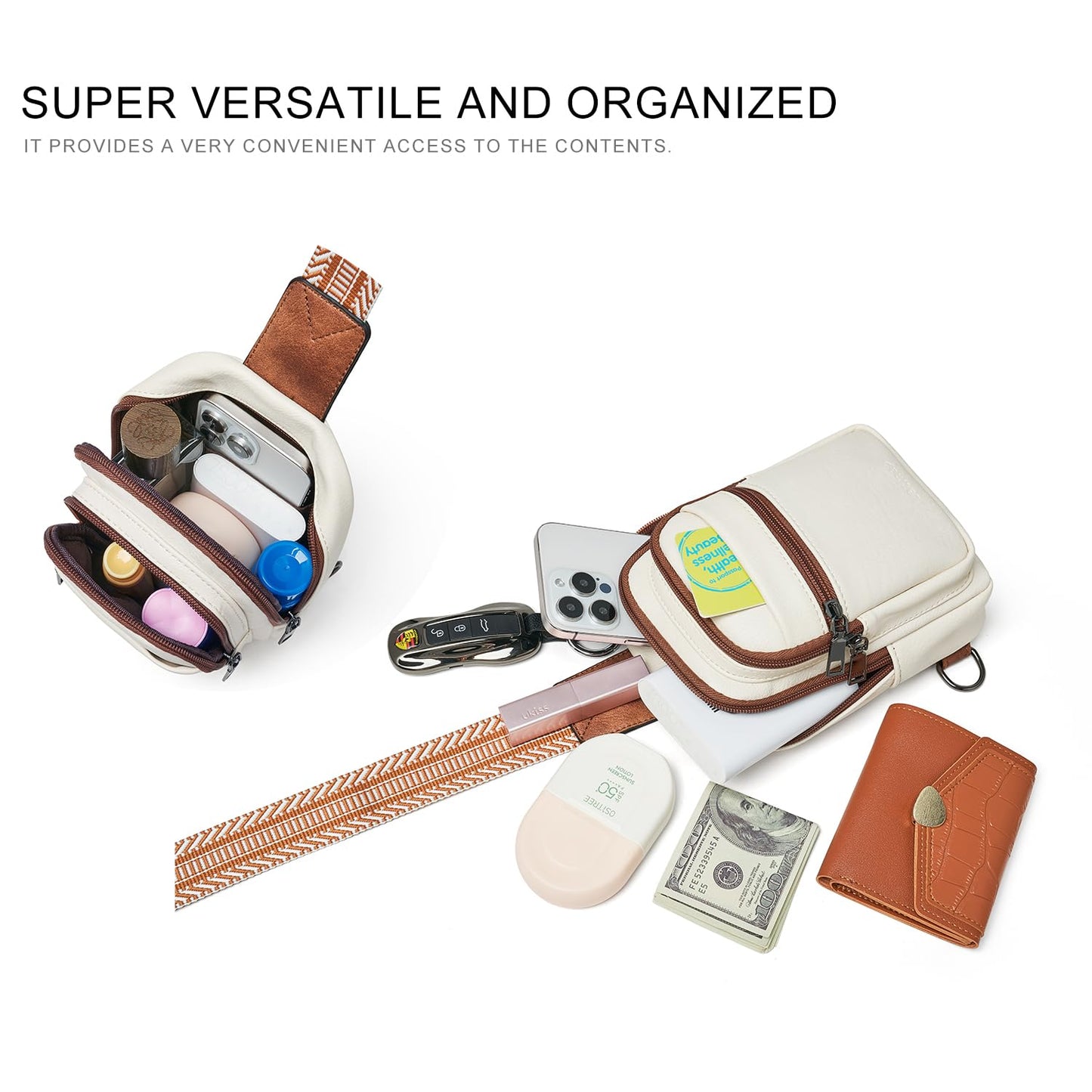 LATMAP 3L SMALL Sling Bag Fanny Packs For Women Men Mini Crossbody Chest Belt Travel Bag Purse Handbag Faux Leather Fashion Cute Beige
