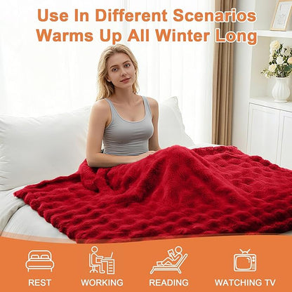 Heated Blanket Electric Throw Blanket 72''X 84''-Heating Blanket with 6 Heat Settings-10 Hours Auto Off,Cozy Faux Rabbit Fur Bubble Electric Blanket,Red