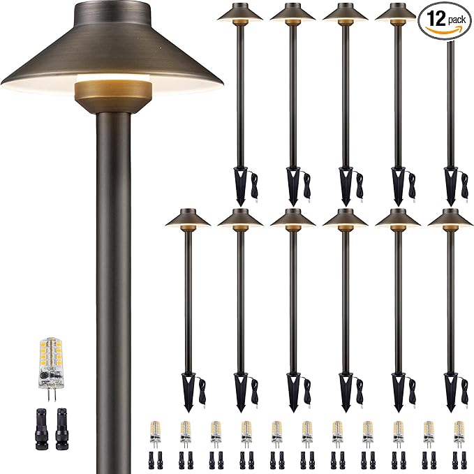 Gardenreet Solid Cast Brass Pathway Lighting - 12v Landscape Path Light Outdoor Waterproof, Electric Walkway Lights Wired, Hat Shape Bronze Garden Decoration with 3W Neutral White G4 Bulb (12 Pack)