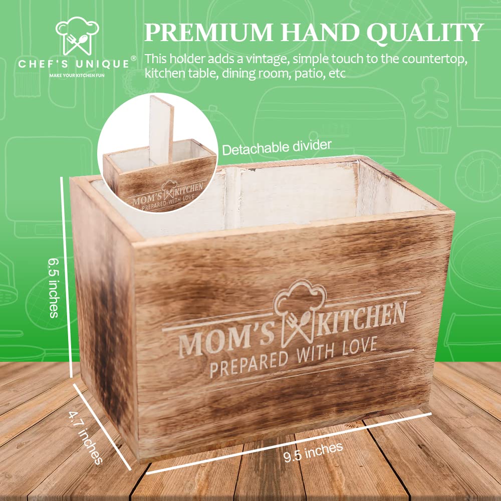 CHEF'S UNIQUE Wooden Utensil Holder For Countertop - Durable Cooking Utensils Holder - large Rustic Countertop Kitchen Décor - Spatula Utensils And Spoons Organizer With Divider