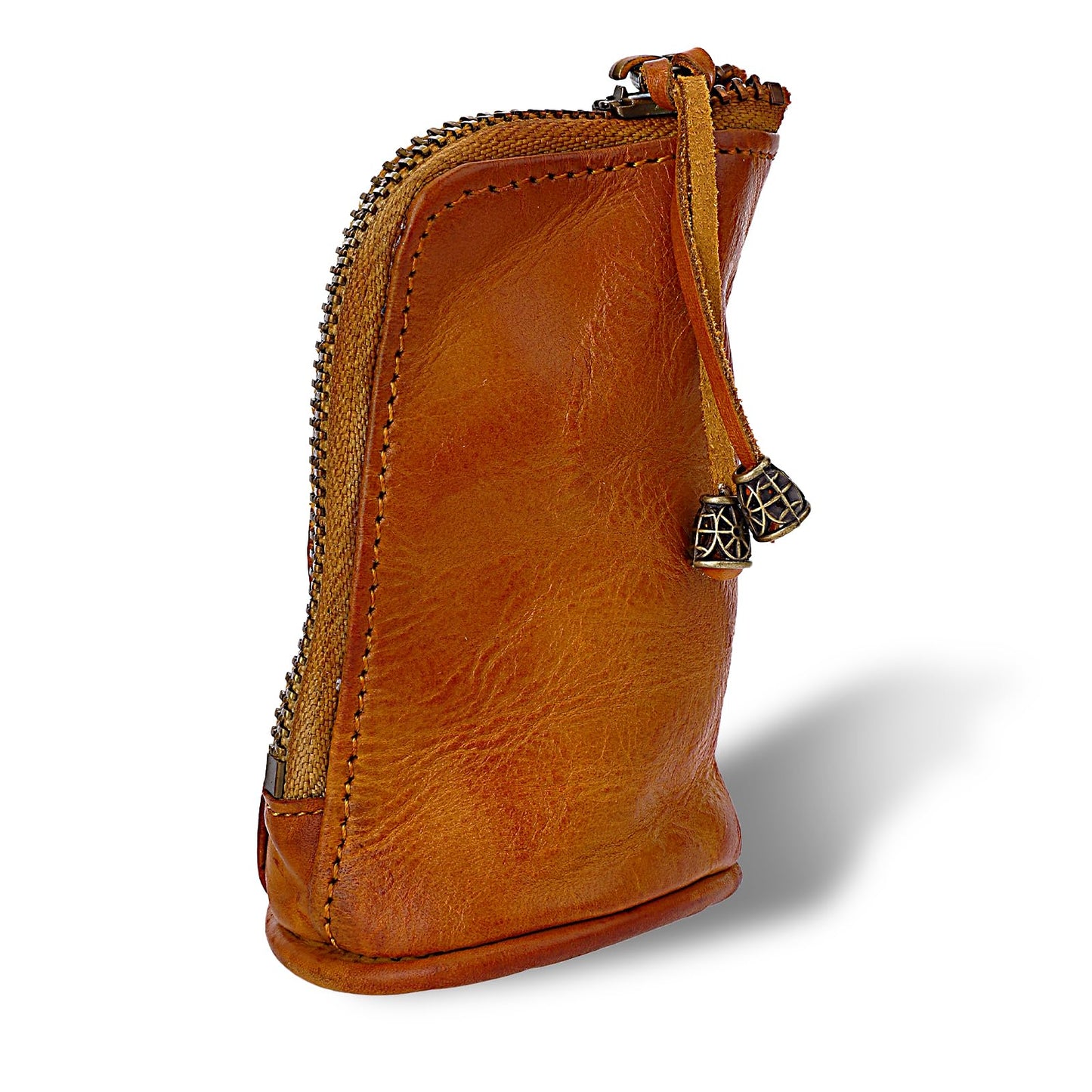 TIESOME Vintage Genuine Leather Zipper Coin Purse, Medieval Cowhide Change Holder Coin Pouch Wallet Coin Organizer With Key Ring Little Travel Wallet for Men(Brown)