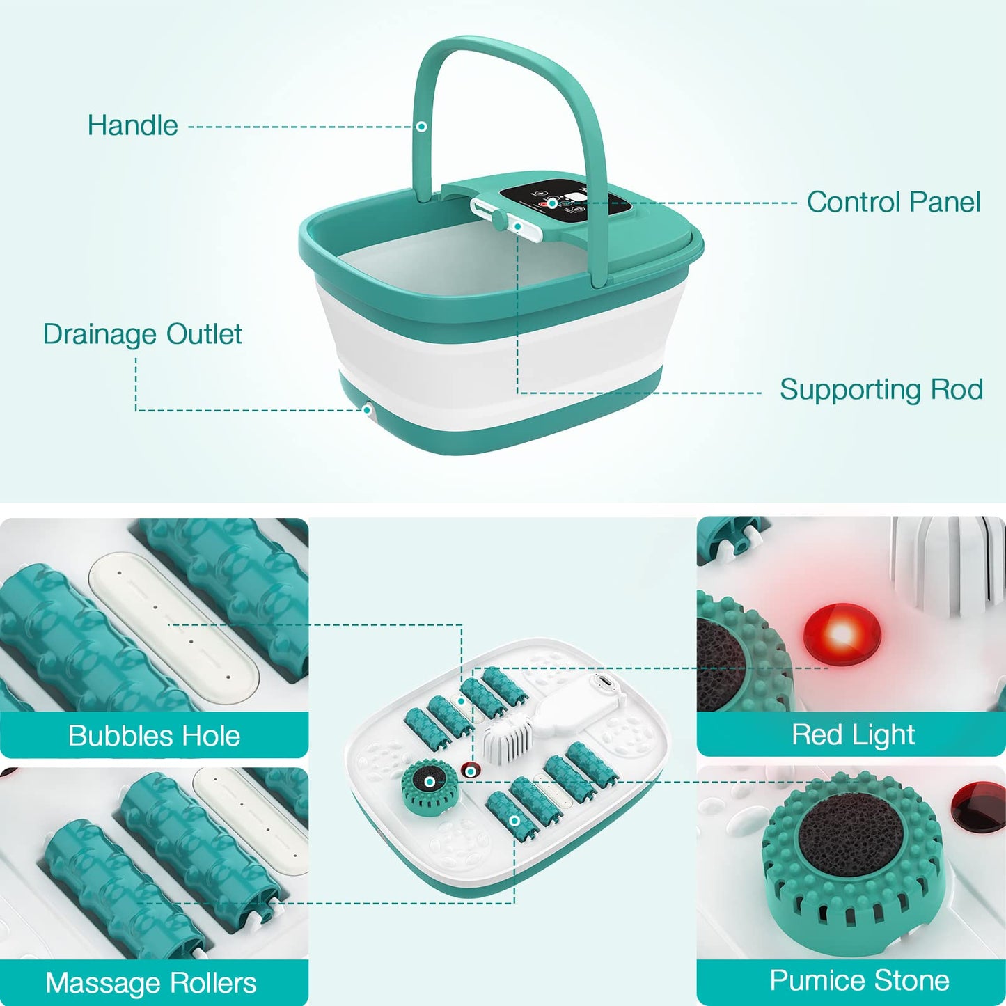 HOSPAN Collapsible Foot Spa with Heat, Bubble, Red Light, and Temperature Control, Foot Bath Massager with 8 Shiatsu Massage Rollers, Pedicure Foot Spa for Relaxation and Stress Relief, Black