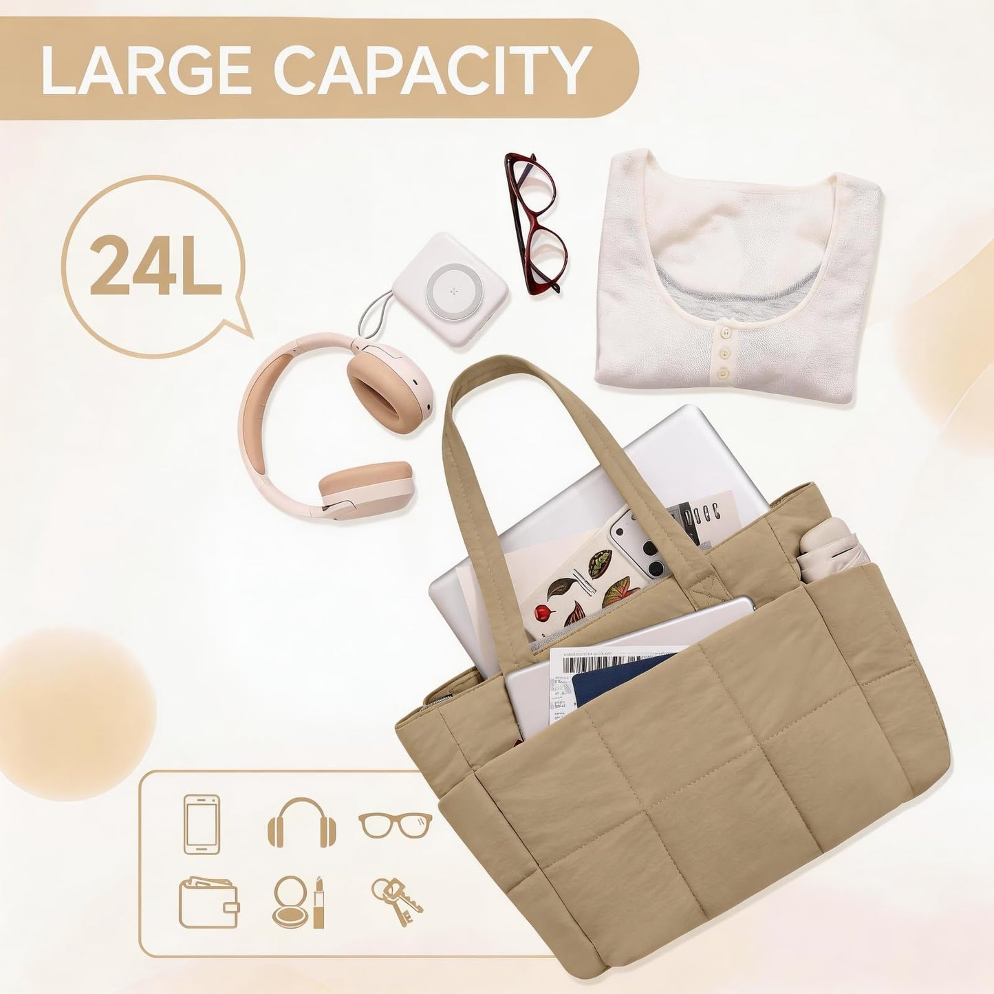SODEER Travel Tote Bag for Women Puffer, Quilted Work Tote with Laptop Sleeve, Lightweight Shoulder Bag with Trolley Strap & Bottle Pocket for Gym, Office, Nurse, Camel Brown