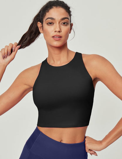 Ewedoos Tank Tops with Built in Bras Longline Sports Bras for Women High Neck Racerback Sports Bra Padded Workout Crop Black