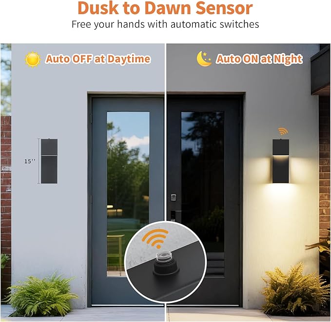 tewei Modern LED Outdoor Wall Sconce, 15'' Dusk to Dawn Outdoor Lighting Exterior Wall Lights, Black LED Front Porch Lights Outside Wall Mount Lighting for House, Backyard, Warm White 3000K, 2 Pack