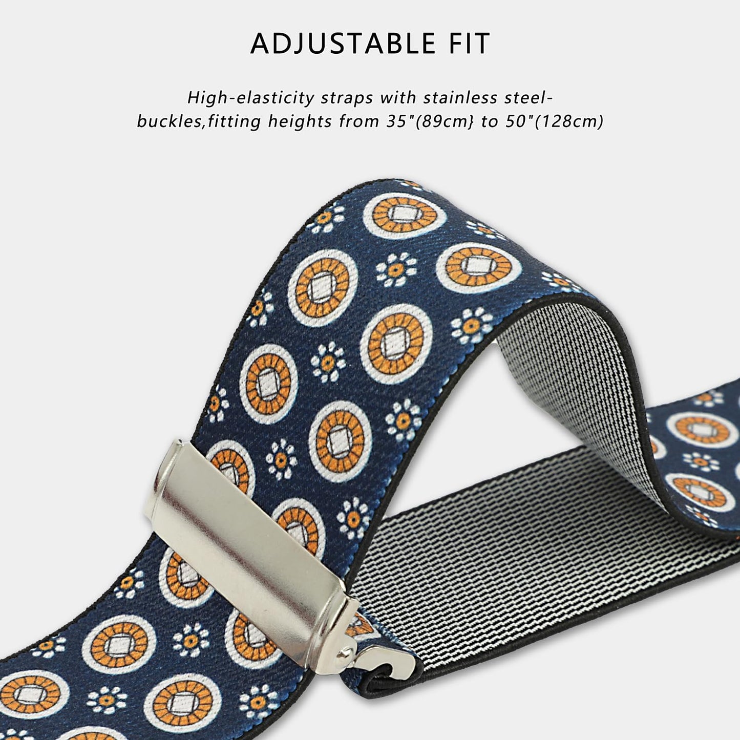 LEHOMU Men Button Suspenders Adjustable,1.4 Inch Wide Heavy Duty Y-Back Elastic Tuxedo Elastic Mens Suspenders with Leather Buttons End,Dark Blue and Golden Circle Pattern