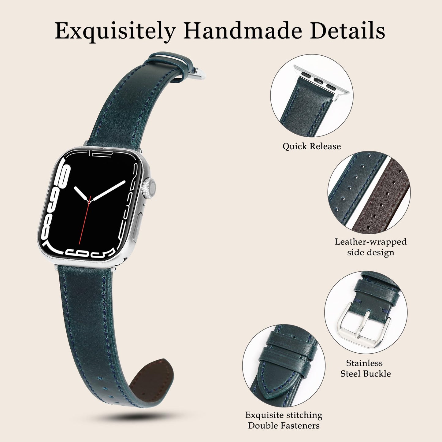 Soft Top-Grain Leather Watch Band Men Women, Compatible with All Apple Watch Series, Breathable, Sweat-Resistant iWatch Strap