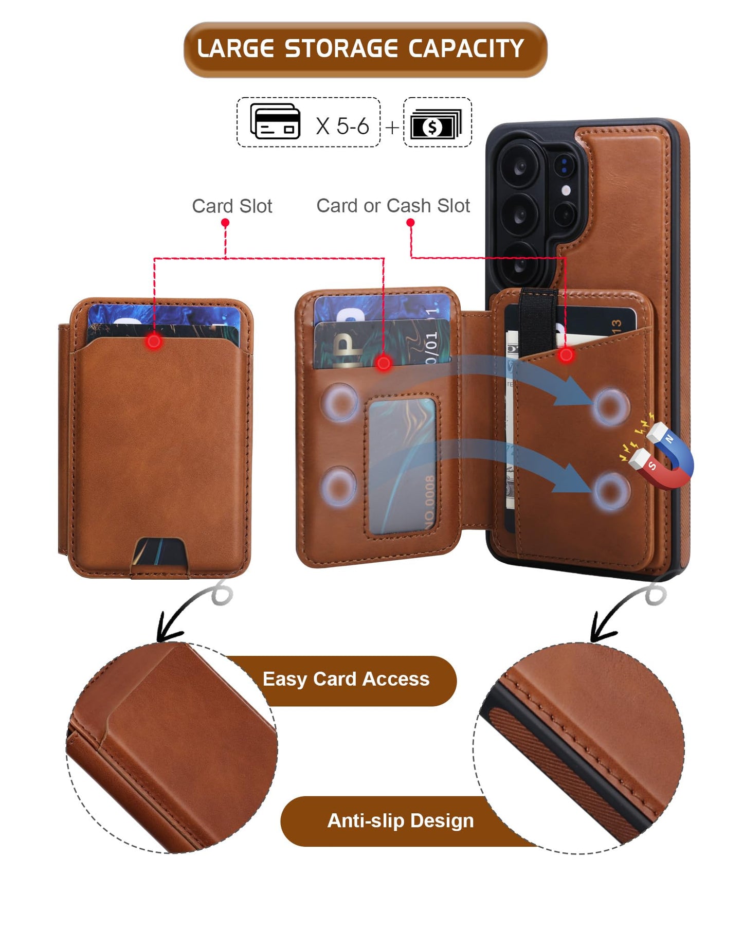 ASAPDOS Magnetic Detachable Wallet Case for Samsung Galaxy S26 Ultra with Kickstand,2-in-1 MagSafe Compatible RFID Blocking Card Holder,Slim PU Leather Cover Brown