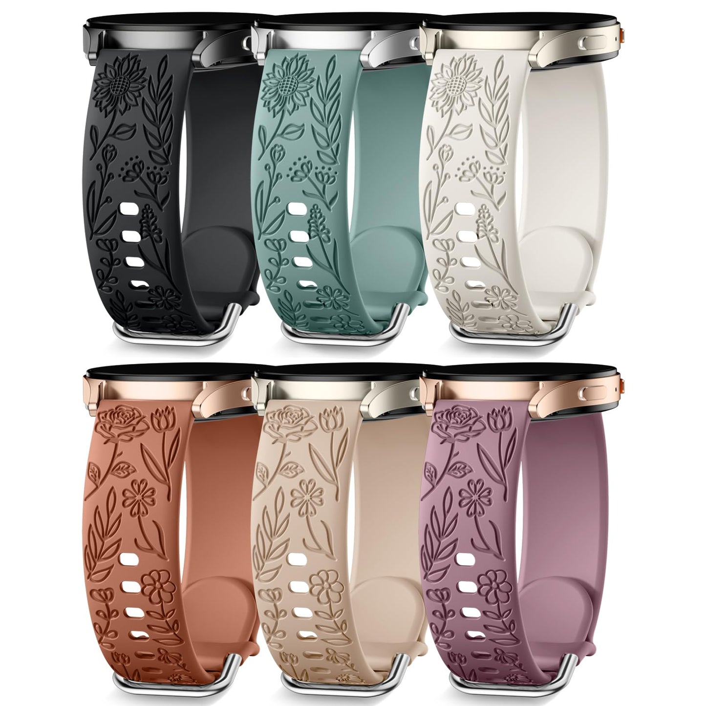 SNBLK Floral Engraved Bands Compatible with Samsung Galaxy Watch 7 Band 6 5 4 Active 2 40mm 44mm/5 Pro/Watch 6/4 Classic, 6Pack 20mm Cute Flower Soft Silicone Sport Strap for Samsung Watch Bands Women