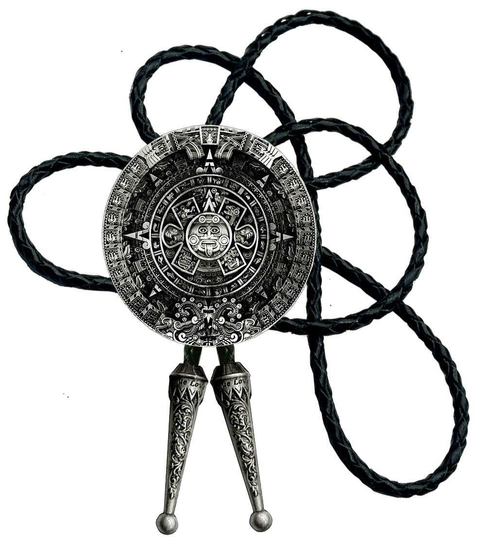 Moranse Bolo tie With Pewter Aztec Calendar Circle Design Cowboy Two Colors (Silver)
