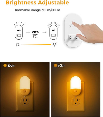 Amber Night Light, 2 Pack, LOHAS Amber Night Lights Plug into Wall Motion Sensor, 0.6W 2000K, LED Night Light, 30/60LM Adjustable Brightness, Automatic Low Blue Night Light for Kids, Bathroom, Hallway
