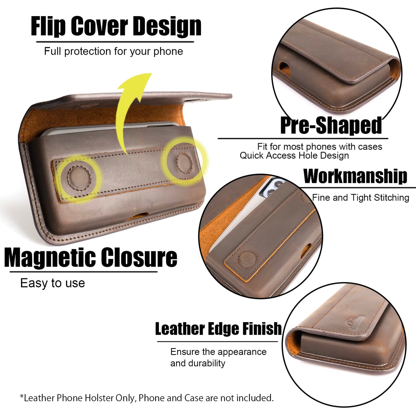 Topstache Leather Phone Holster for iPhone 17/16/15 Pro Max & Plus - Belt Clip Cell Phone Case for Galaxy S25/S24/S23 Ultra & Plus - Leather Belt Case - Fit Protective Case on, XL,Darkbrown