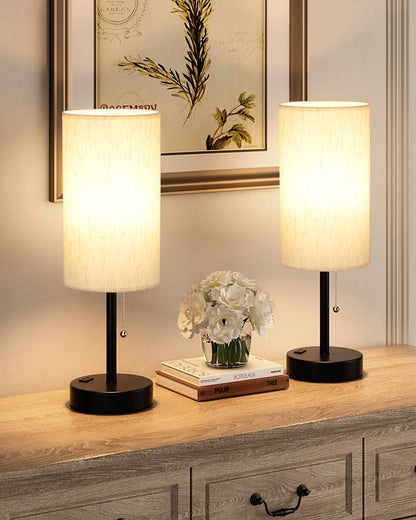 17.4" Large Bedside Table Lamps Set of 2 - 3 Color Temperatures Pull Chain Lamp with AC Outlet Charging Port, Round Night Stand Lamps for Bedroom Guest Room Office, Bed Side Light with E26 LED Bulbs