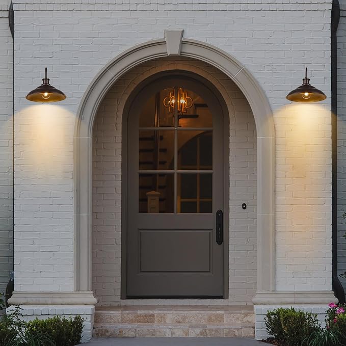Dusk to Dawn Outdoor Gooseneck Barn Light Fixture, 16 Inch Dome Large Wall Sconce Farmhouse Exterior Wall Mount Light for House Garage Patio Doorway, 2 Pack